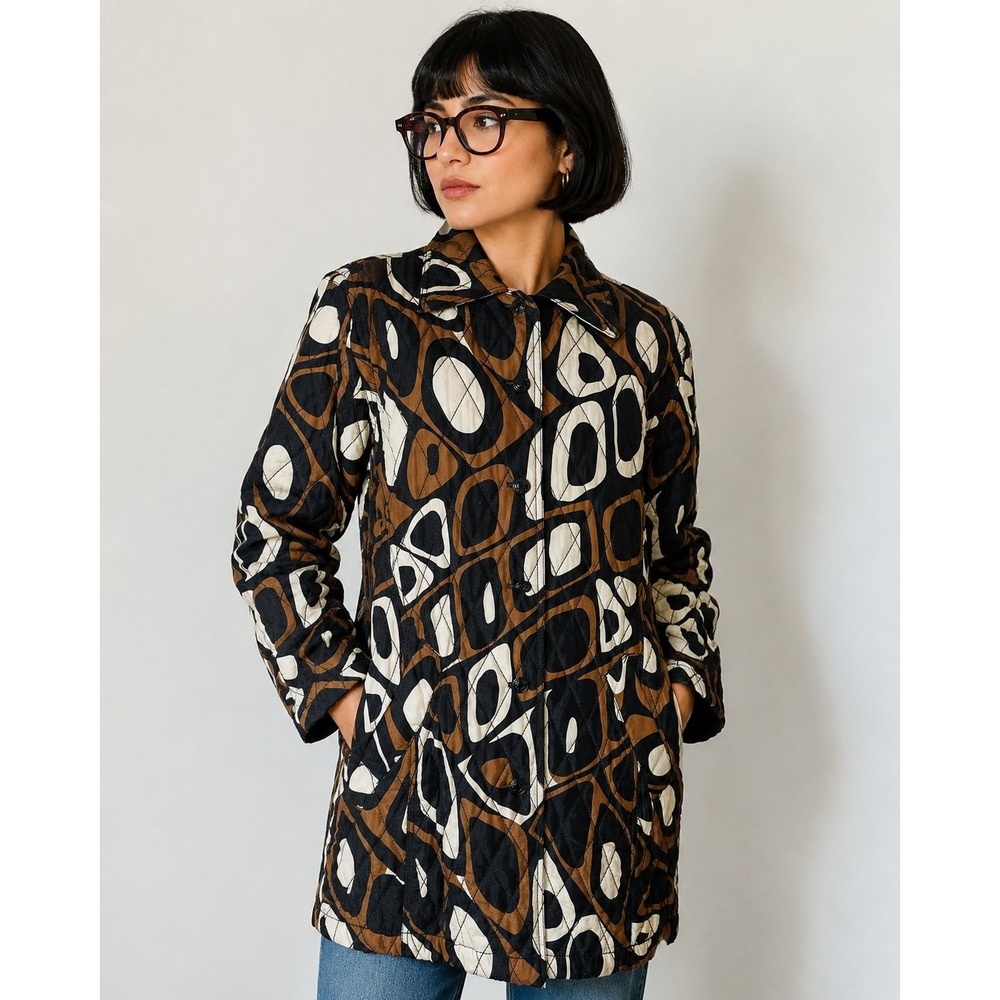 Debra DeRoo 100% Silk Quilted Jacket Small Geometric MCM Print Black Brown Cream